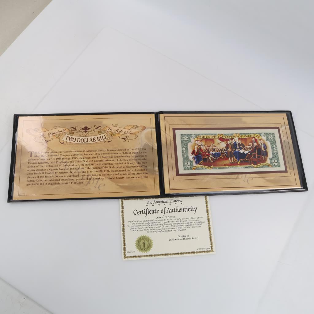 US Two Dollar Bill Colorized "Declaration Of Independence" W/COA