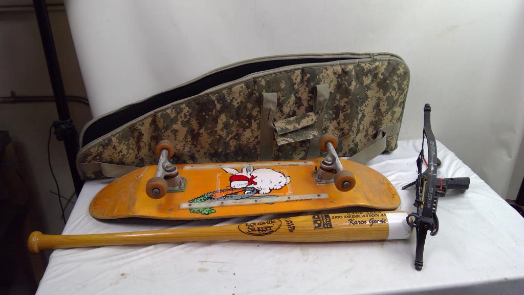 UTC Camo Rifle Bag, Skateboard, Bat, And DAMAGED Mini Crossbow, 4 Pieces