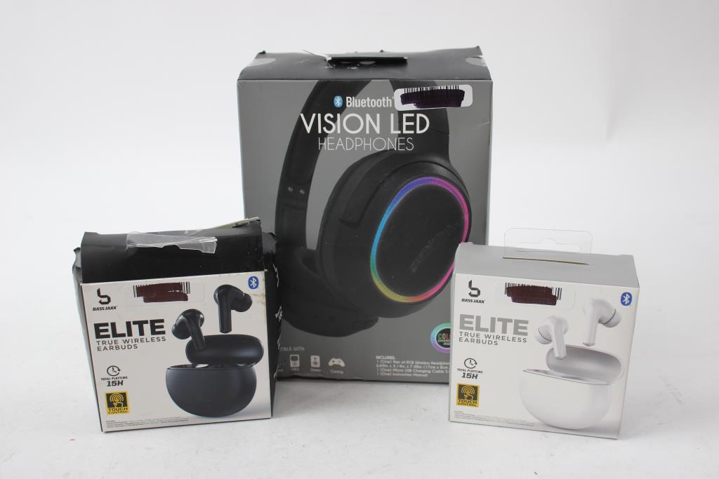 Vision LED Headphones, Hello Kitty Bluetooth Speaker, And Bass Jaxx Earbuds, 4 Pieces