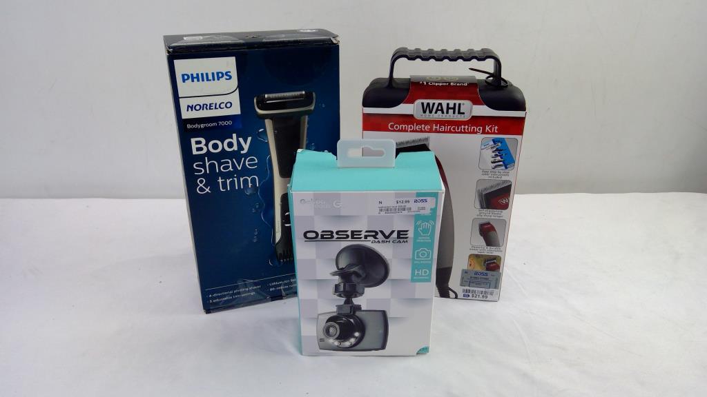 WAHL Haircutting Kit, Philips Body Shave & Trim, And Observe Dash Cam, 3 Pieces