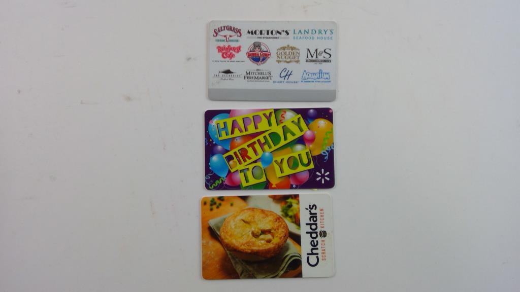 Walmart, Cheddars, And Landrys Gift Cards, 3 Pieces Property Room