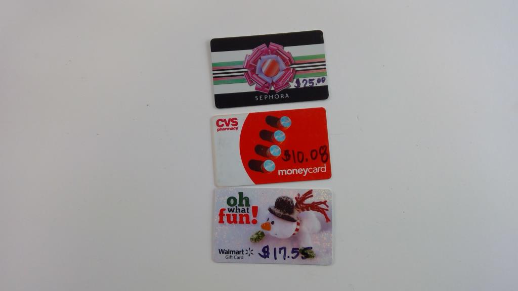 Walmart, CVS, Sephora Gift Cards, 3 Pieces Property Room