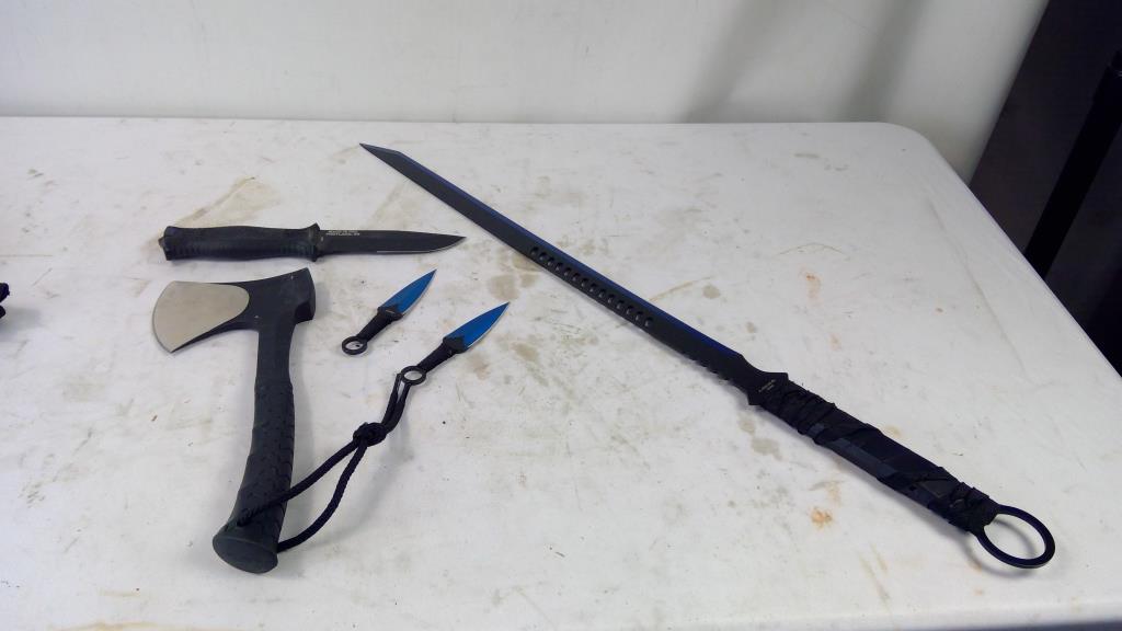 Wartech Hunting Machete Sword, Schrade Camp Hatchet, Gerber Knife, 3 Pieces