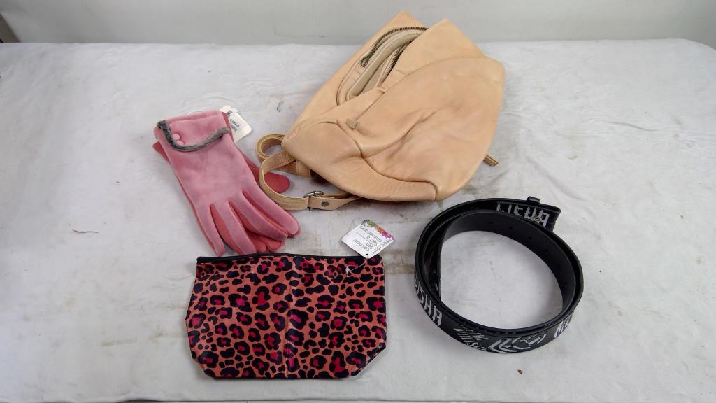 We The Free Sling Bag, Metal Mulisha Belt, Winter Gloves, And Cosmetic Bag, 4 Pieces