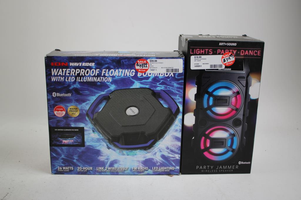 Wireless Alarm Clock, Party Jammer Speaker, Ion Wave Rider Floating Speaker, 3 Pieces