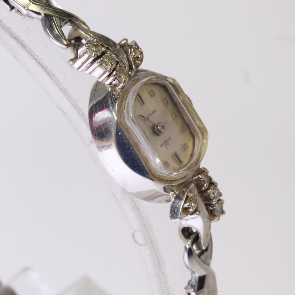 Women's Vintage Waltham Incabloc 14kt White Gold Watch With Diamond