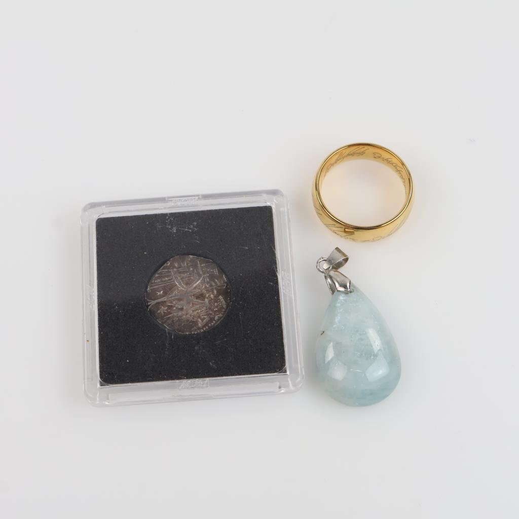 Yellow Metal Fashion Band And Pendant With Silver Coin, 3 Pieces