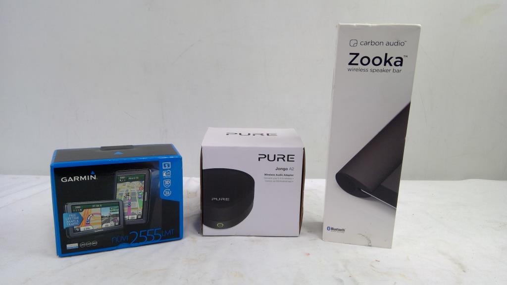 Zooka Speaker Bar, Garmin Nuvi 2555, And Pure Jongo A2 Audio Adapter, 3 Pieces