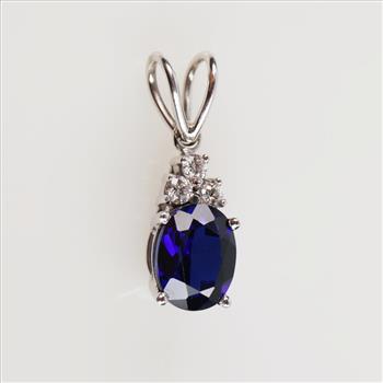 0.18ctTW Diamond Blue Sapphire 14kt White Gold Pendant-Evaluated By Our Certified Gemologist-AGS/GIA