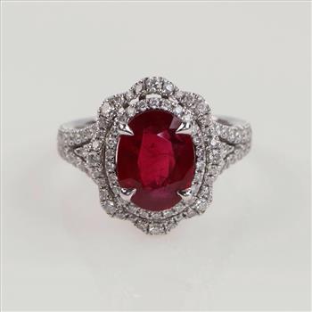 0.50ctTW Diamond Ruby 14kt White Gold Double Halo Ring-Evaluated By Our Certified Gemologist-AGS/GIA