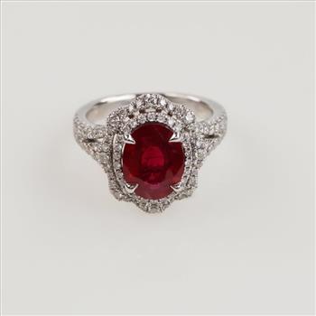 0.50ctTW Diamond Ruby 14kt White Gold Double Halo Ring-Evaluated By Our Certified Gemologist-AGS/GIA