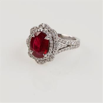 0.50ctTW Diamond Ruby 14kt White Gold Double Halo Ring-Evaluated By Our Certified Gemologist-AGS/GIA