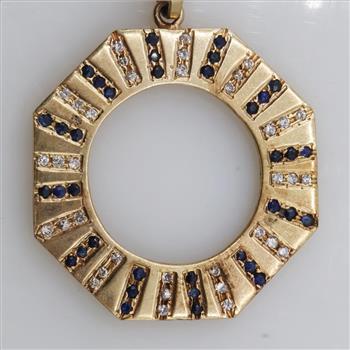 0.72ctTW Diamond And Blue Sapphire 10kt Gold Disc Pendant-Evaluated By Certified Gemologist-AGS/GIA