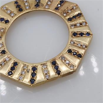 0.72ctTW Diamond And Blue Sapphire 10kt Gold Disc Pendant-Evaluated By Certified Gemologist-AGS/GIA