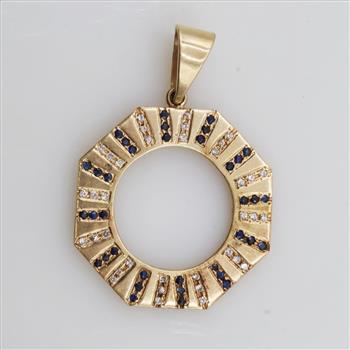 0.72ctTW Diamond And Blue Sapphire 10kt Gold Disc Pendant-Evaluated By Certified Gemologist-AGS/GIA