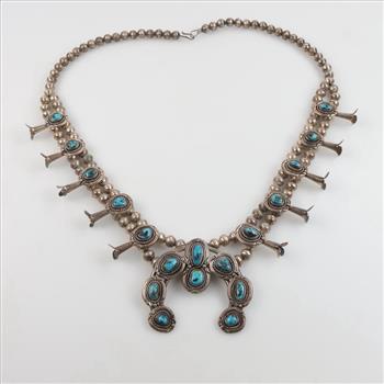 0.800 - 0.900 Silver Squash Blossom Turquoise Necklace