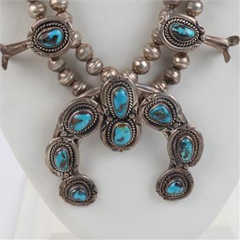 0.800 - 0.900 Silver Squash Blossom Turquoise Necklace