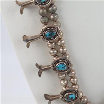 0.800 - 0.900 Silver Squash Blossom Turquoise Necklace