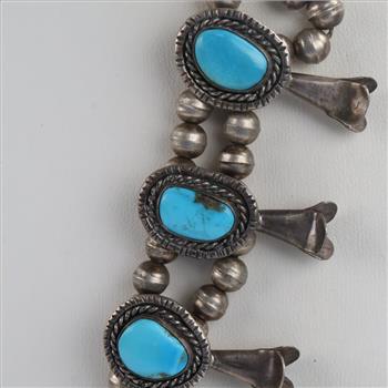 0.800 - 0.900 Silver Squash Blossom Turquoise Necklace