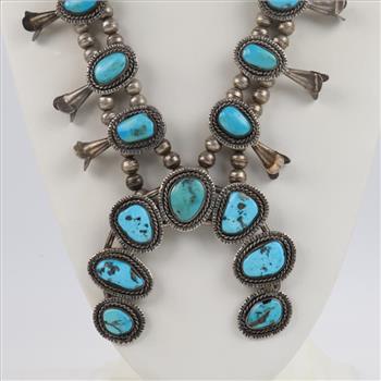 0.800 - 0.900 Silver Squash Blossom Turquoise Necklace