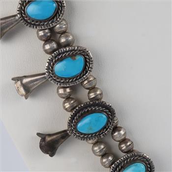 0.800 - 0.900 Silver Squash Blossom Turquoise Necklace