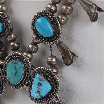 0.800 - 0.900 Silver Squash Blossom Turquoise Necklace