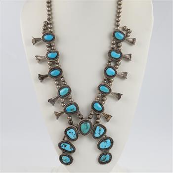 0.800 - 0.900 Silver Squash Blossom Turquoise Necklace