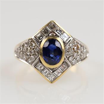 0.84ct TW Diamond Blue Sapphire 18kt Gold Signet Ring- Evaluated By Our Certified Gemologist-AGS/GIA