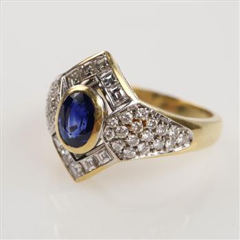 0.84ct TW Diamond Blue Sapphire 18kt Gold Signet Ring- Evaluated By Our Certified Gemologist-AGS/GIA