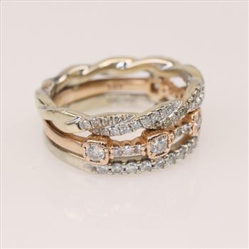0.88ctTW Diamond 14kt -18kt Tri-Colored Gold Stack Rings Evaluated by our Certified Gemologist