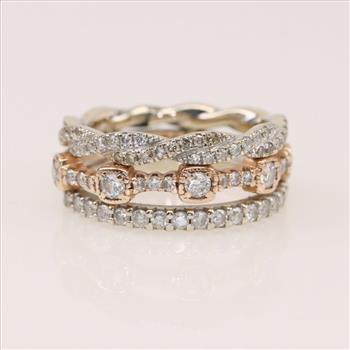 0.88ctTW Diamond 14kt -18kt Tri-Colored Gold Stack Rings Evaluated by our Certified Gemologist