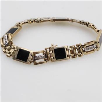 10kt Gold 0.14ct TW Diamond Black Onyx Bracelet-Evaluated By Our Certified Gemologist-AGS/GIA