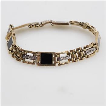 10kt Gold 0.14ct TW Diamond Black Onyx Bracelet-Evaluated By Our Certified Gemologist-AGS/GIA