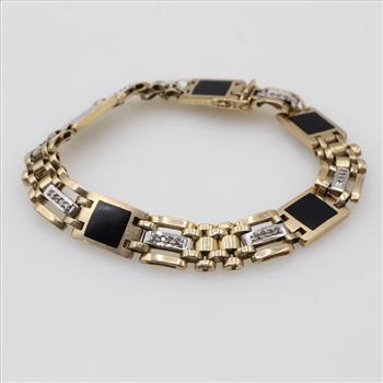 10kt Gold 0.14ct TW Diamond Black Onyx Bracelet-Evaluated By Our Certified Gemologist-AGS/GIA