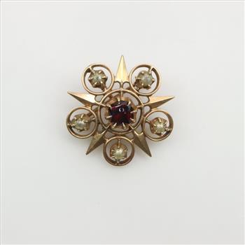 10kt Gold Antique Pearl And Red Stone Star Pin