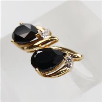 10kt Gold Black Stone Diamond Accent Drop Stud Earrings