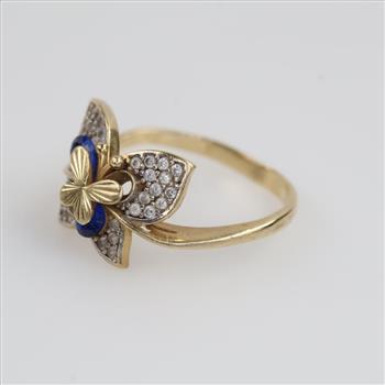 10kt Gold Blue Stone Clear Stone Accent Butterfly Ring
