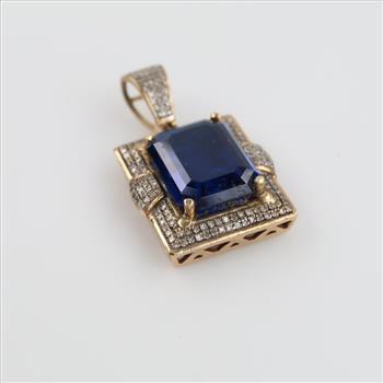 10kt Gold Blue Stone Diamond Accent Hollow Pendant