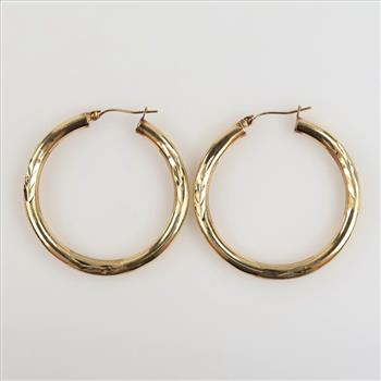 10kt Gold Carved Hollow Hoop Earrings
