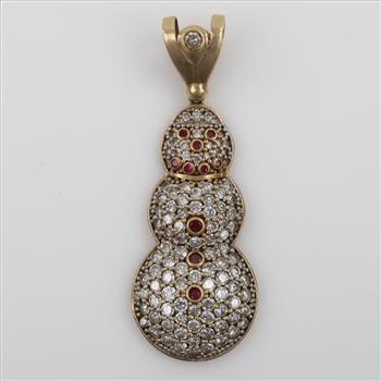 10kt Gold Clear Stone Red Stone Accent Snowman Pendant