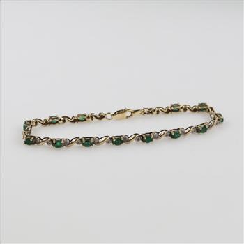 10kt Gold Diamond Accent And Green Stone Bracelet