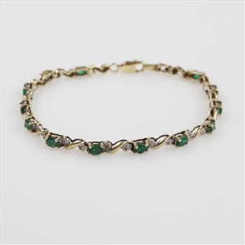 10kt Gold Diamond Accent And Green Stone Bracelet