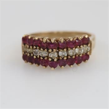 10kt Gold Diamond And Red Stone Ring