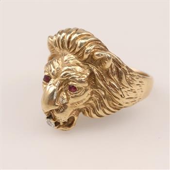 10kt Gold Diamond And Ruby Lion Head Ring