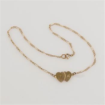 10kt Gold Engraved Heart Figaro Link Anklet
