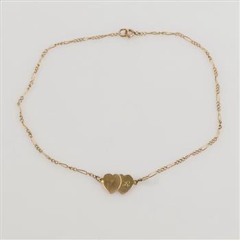 10kt Gold Engraved Heart Figaro Link Anklet