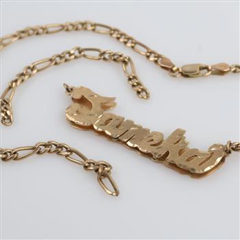 10kt Gold Figaro Chain Link Name Plate Necklace