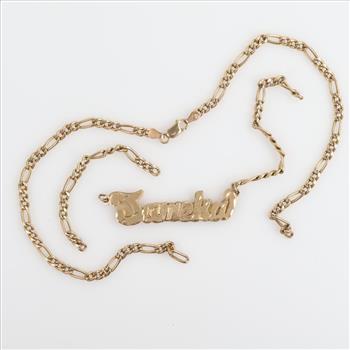 10kt Gold Figaro Chain Link Name Plate Necklace