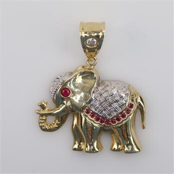 10kt Gold Hollow Elephant Clear Stone, Red Stone Accent Pendant