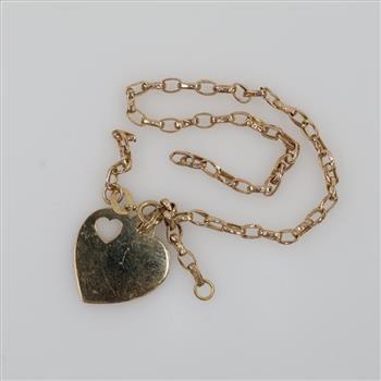 10kt Gold Hollow Link Heart Pendant Bracelet